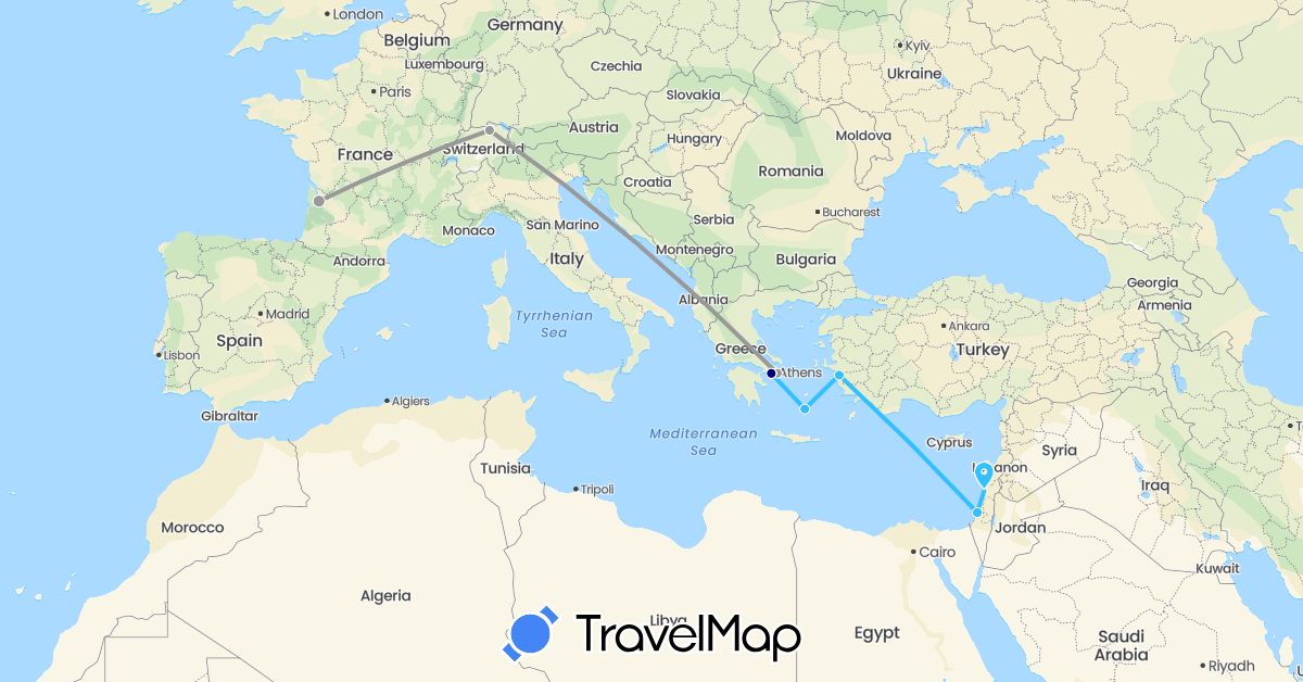 TravelMap itinerary: driving, plane, boat in Switzerland, France, Greece, Israel, Turkey (Asia, Europe)